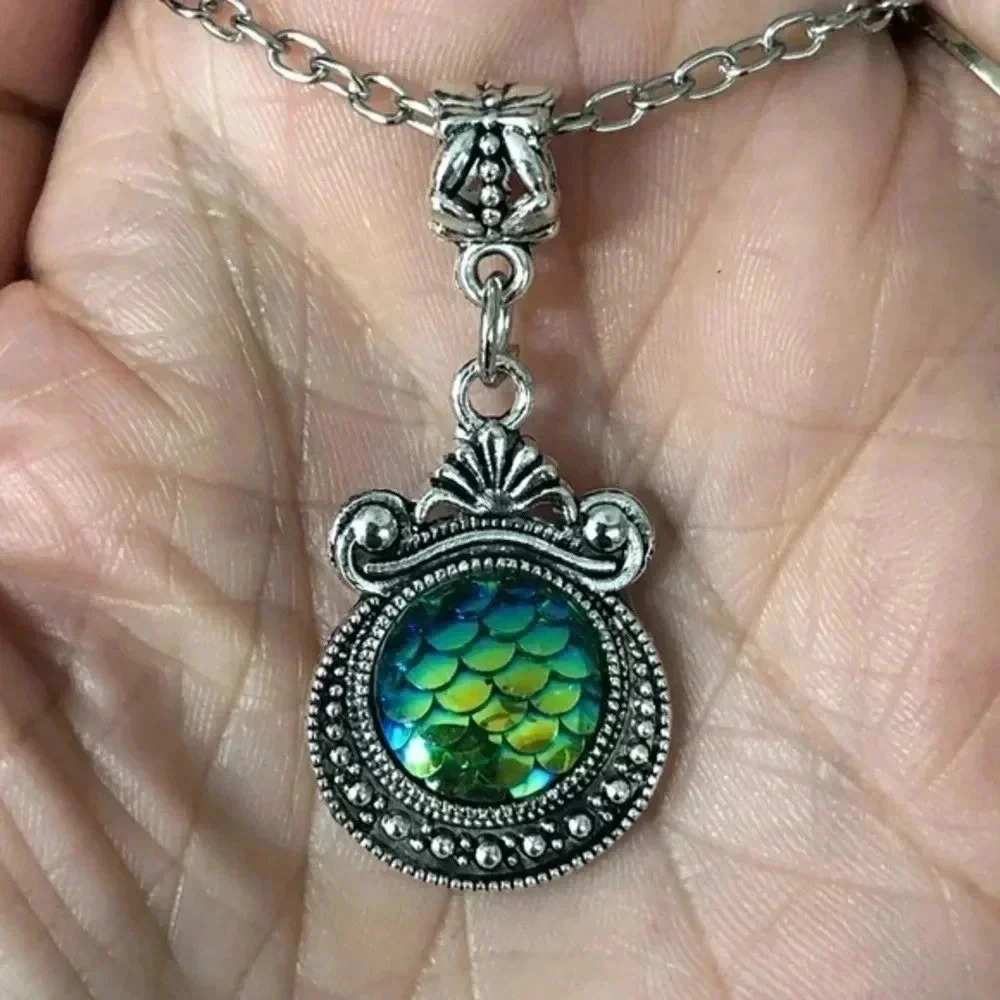Mermaid Scale Beach Iridescent Round Circle Pendant Stainless Steel Necklace 3